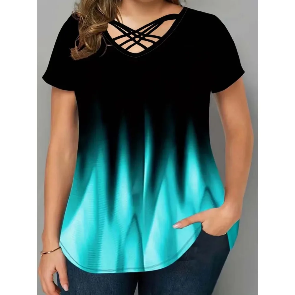 حجم كبير 1XL-5XL المرأة موضة نصف كم تي شيرت مطبوعة التدرج BeltT-shirt المرأة عادية اللون التدرج الخامس الرقبة الصليب قميص