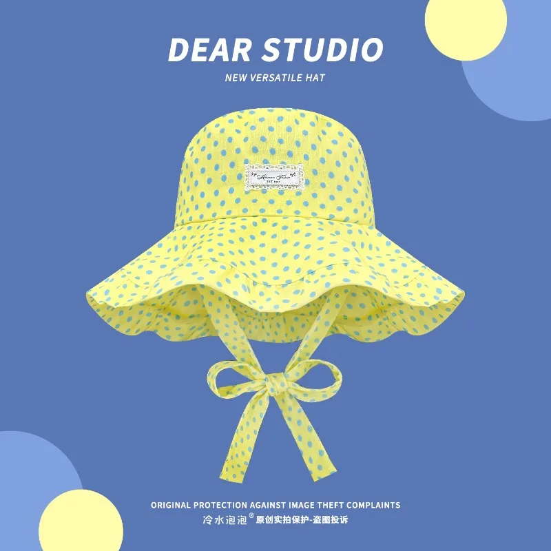 Koreanischer Retro-Sonnenhut mit Polka-Dot-Print und großer Krempe für Damen, Sommer, Reisen, Strand, Sonnenschutz, modischer Streamer-Sonnenhut