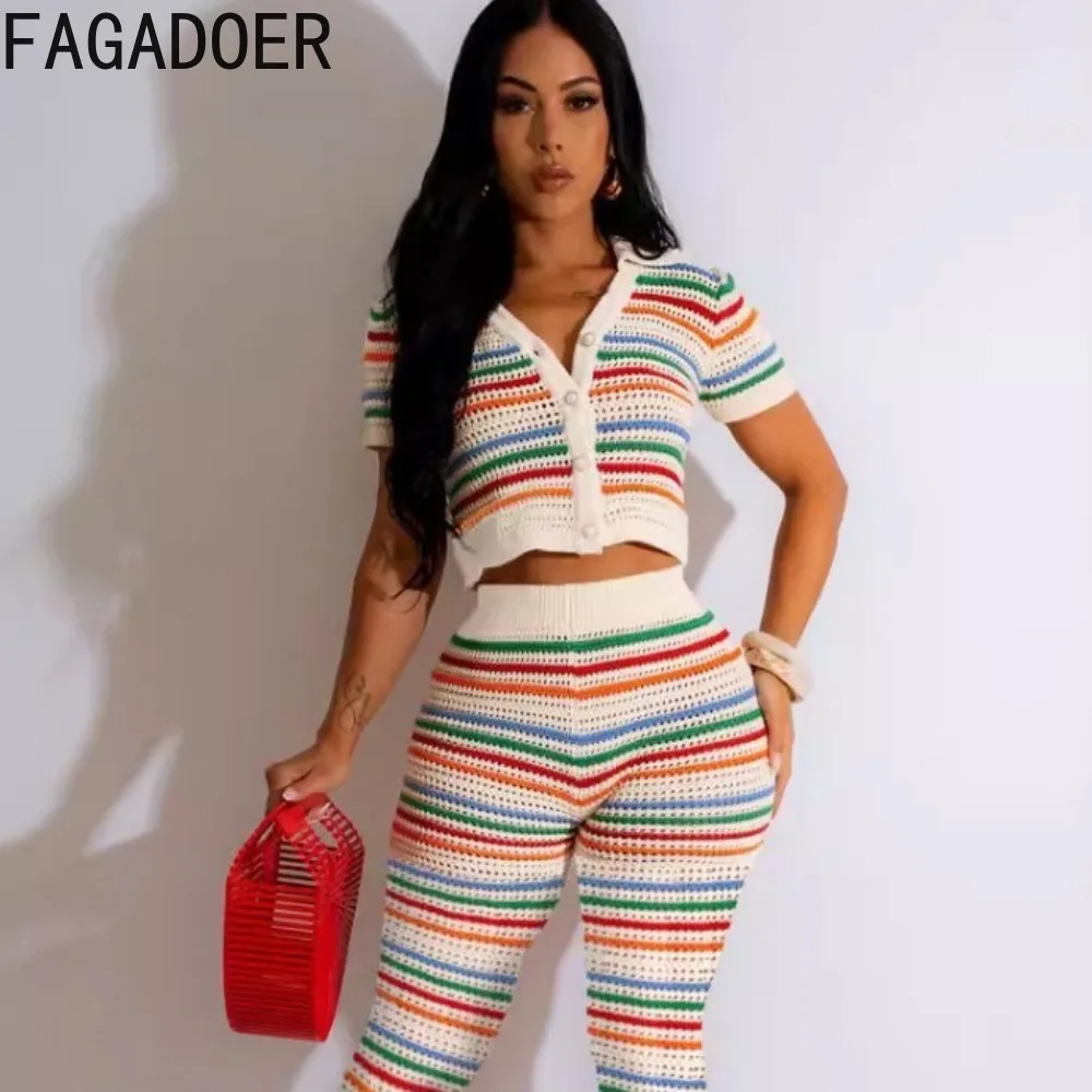 FAGADOER Fashion Color Stripes Knitting Two Piece Sets Women V Neck Short Sleeve Crop Top And Pants Outfits Female Streetwear