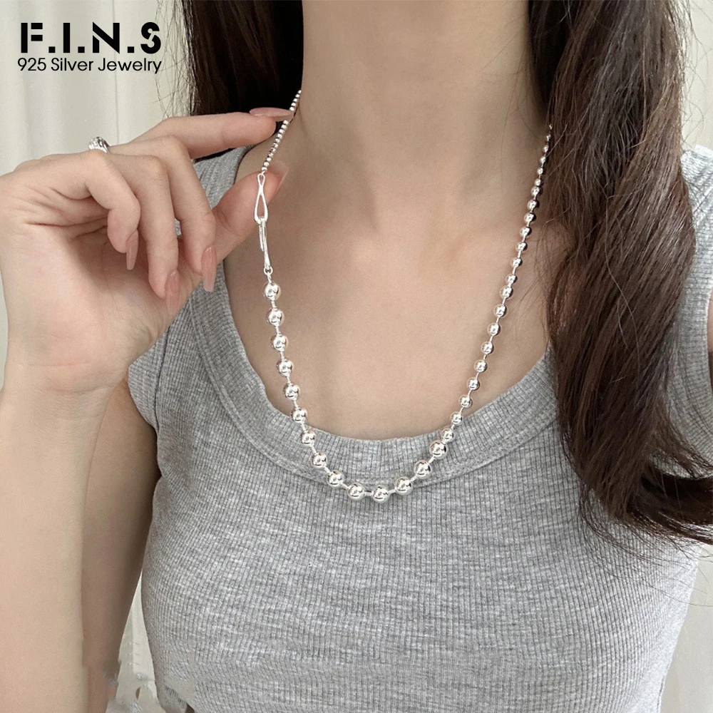 F.I.N.S S925 Sterling Silver Round Bead Necklace Glossy Bean Balls Long Chain Minimalist Fine Clavicle Fine Jewelry Accessories