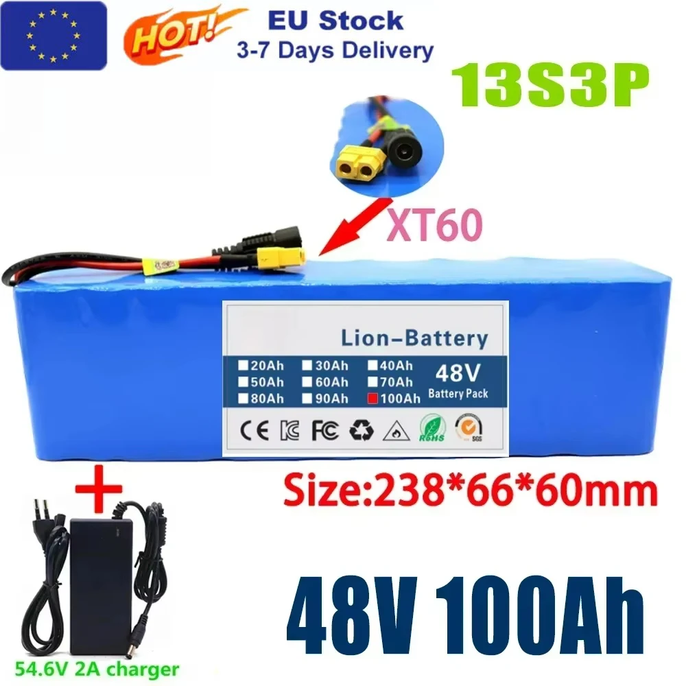 Neuer 48V 100Ah 2000W 13S3P DC/T Lithium-Ionen-Akku, geeignet für 48V-Motoren mit BMS+54,6V-Ladegerät
