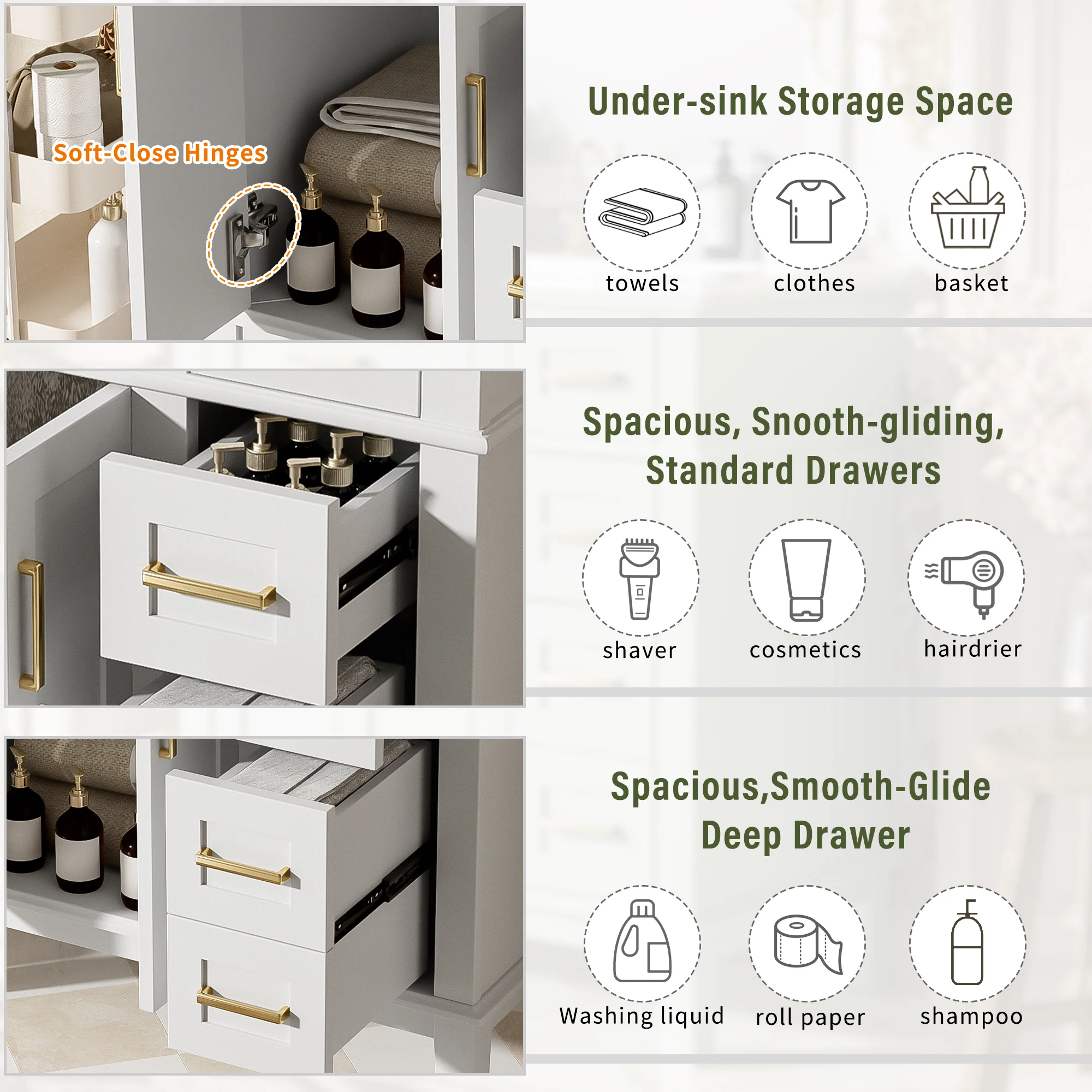 โต๊ะเครื่องแป้งห้องน้ํา SH.KL 30" พร้อมอ่างล้างจานเซรามิก, ตู้เก็บของทันสมัยพร้อมประตูแบบปิดแบบนุ่มนวล, เฟอร์นิเจอร์ห้องน้ํา, โต๊ะเครื่องแป้ง