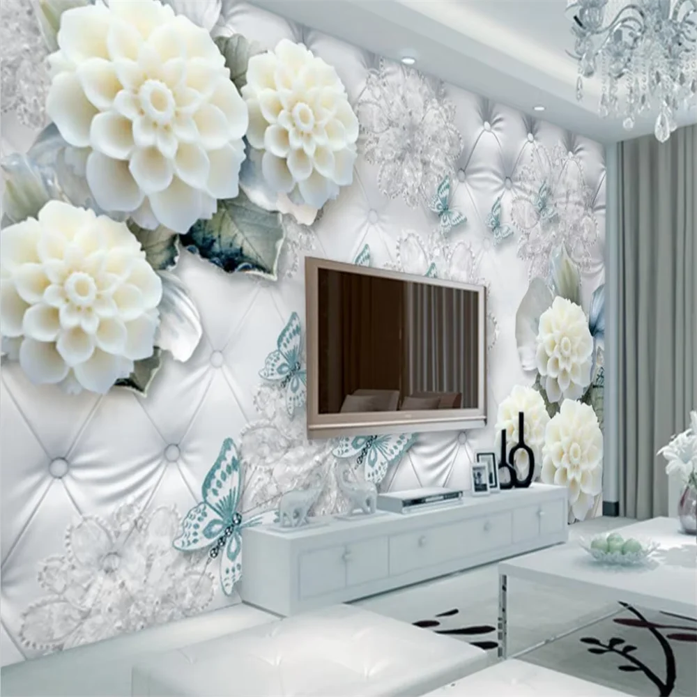 Custom photo large mural wall stickers holy white luxury jewelry flowers wallpapers for living room TV backdrop 3D wall Stickers