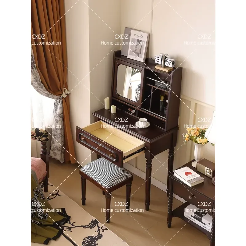 Retro Solid Wood Dresser with Makeup Mirror Simple High End Multi Function Storage Vanity Table for Home Bedroom
