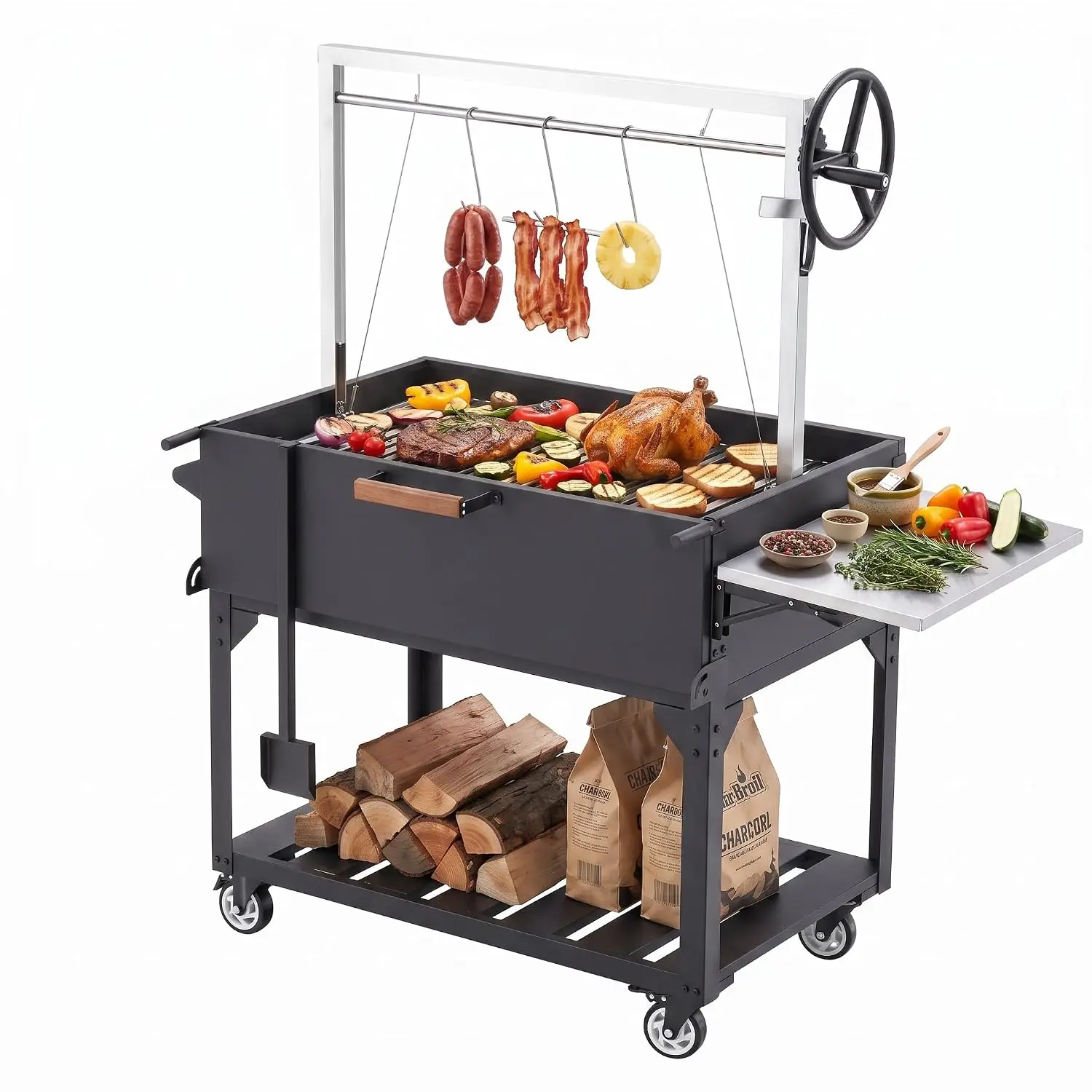 Argentine & Santa Maria Grill Cart, Foldable Side Table, Thickened Stainless Steel Chamber, Waterproof, Easy Assembly