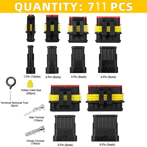 Imagen 2 del producto 711 piezas, conector de cable impermeable para automóvil de 43 piezas con engarzador de trinquete, conector de 1/2/3/4/5/6 pines con herramienta de prensado de cables
