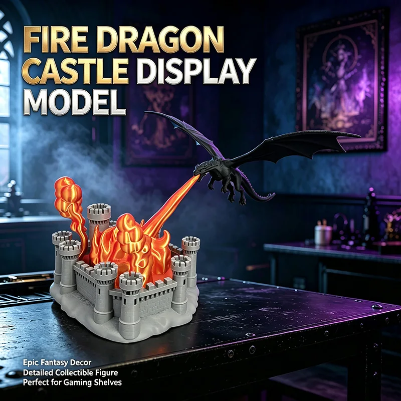 Custom Fantasy Fire Dragon Burns Castle Diorama Detailed Figure Desktop Ornament For Game Room Shelf Table Home Display Decor
