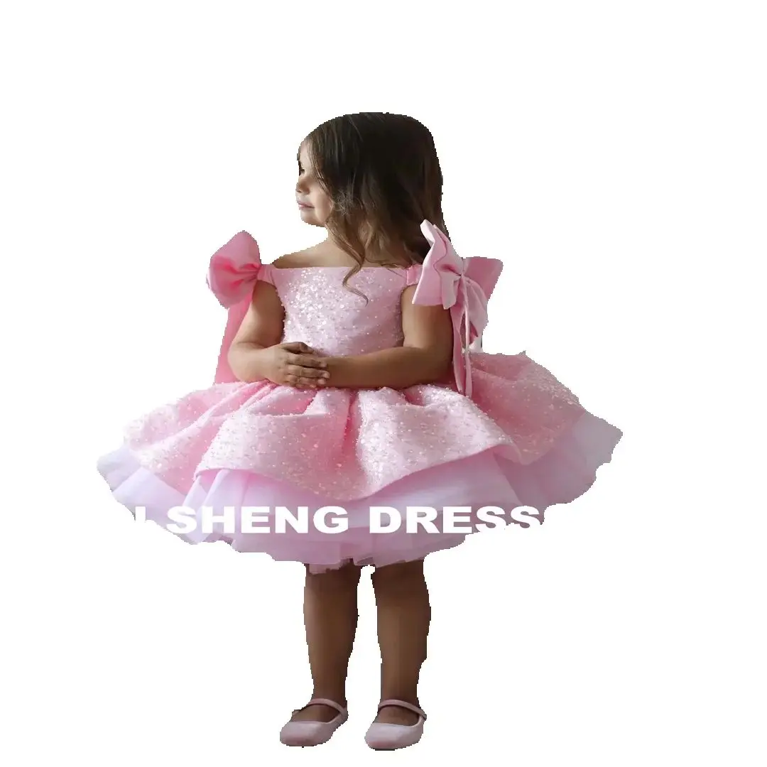 Customized Lovely Pink Flower Girl Dress for Wedding Sequins Beading with Bow Kids Birthday Party First Communion Ball Gowns