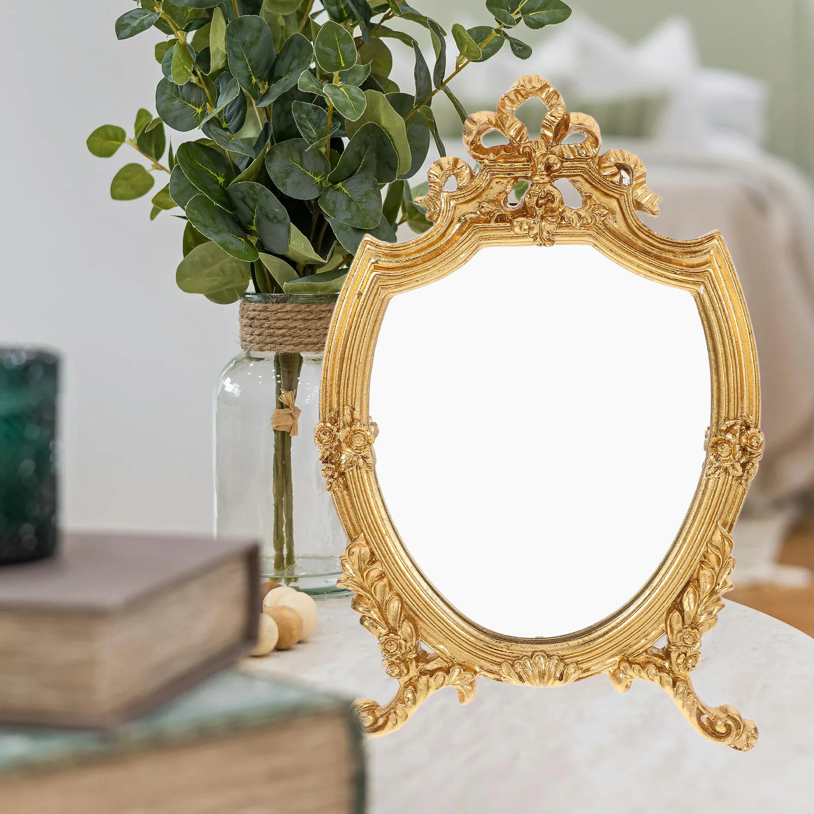 

Tabletop Makeup Mirror with Vintage Frame Clear Reflection for Bedroom Desk Dresser Display Trendy Style Cat Lover