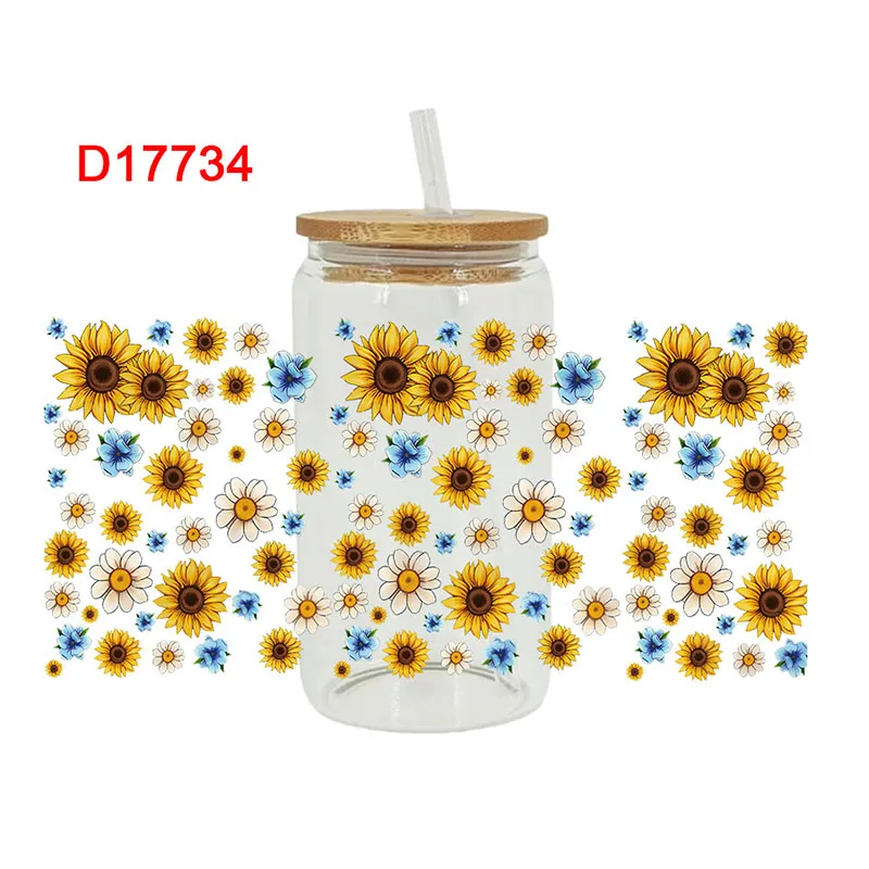 UV DTF Transfer Sunflowers Pattern Stickers Libbey Cup Wrap Iron For Glass 16oz D17506