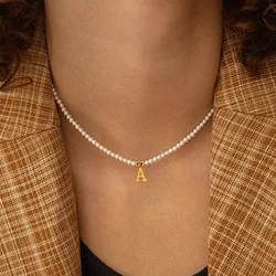 Collar con colgante inicial de letras de acero inoxidable, collares de cuentas de perlas de imitación con nombre diy para mujer, Gargantilla de perlas para mujer, joyería