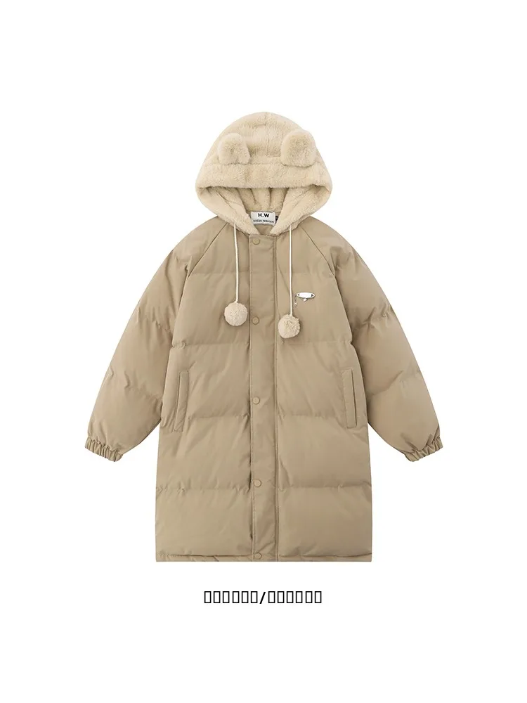 

from 23 Wooden Man Thiened Plu Ear Hooded Cotton Jaet Loose Medium-Length Trendy Cotton Padded Coat for Youth