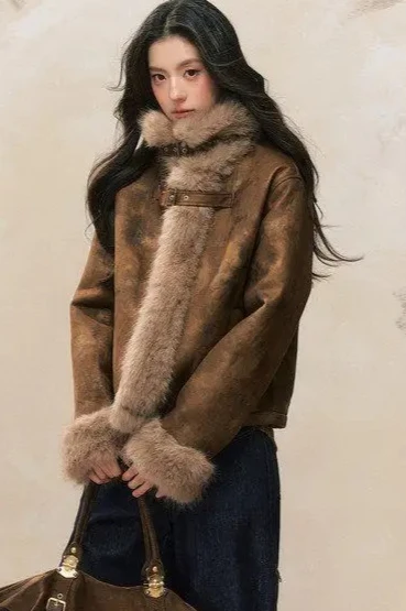 Jaqueta feminina de pele sintética outono e inverno emendada High Street Slim Fit Jaqueta curta