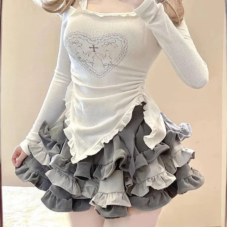 Japonês kawaii feminino doce coelho conjunto de duas peças impressão bonito saia terno feminino coreano fino outono topos + princesa bolo saia 2023