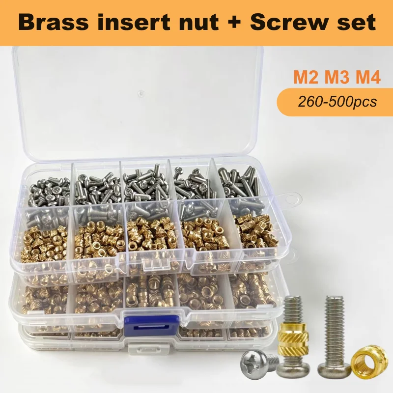 Brass Copper Embed Insert Nut Screw Kit Set M1.4M1.6 M2 M2.5 M3 M4 M5 M6 for Heat Melt Injection 3D Print Twill Knurled Thread