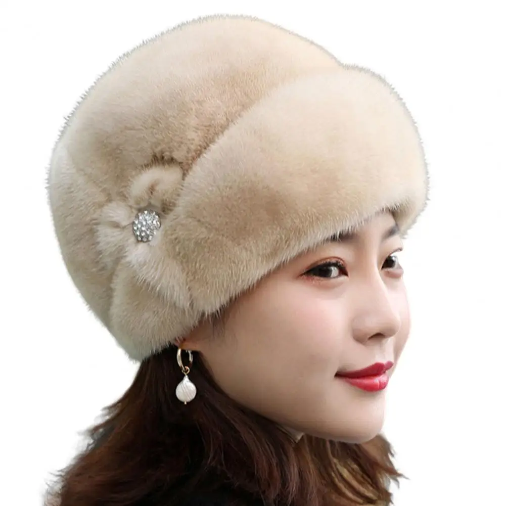 Classic Women Hat Faux Rabbit Fur Soft Fall Winter Windproof Middle-aged Mom Cap  Elegant Female Hat for Travel