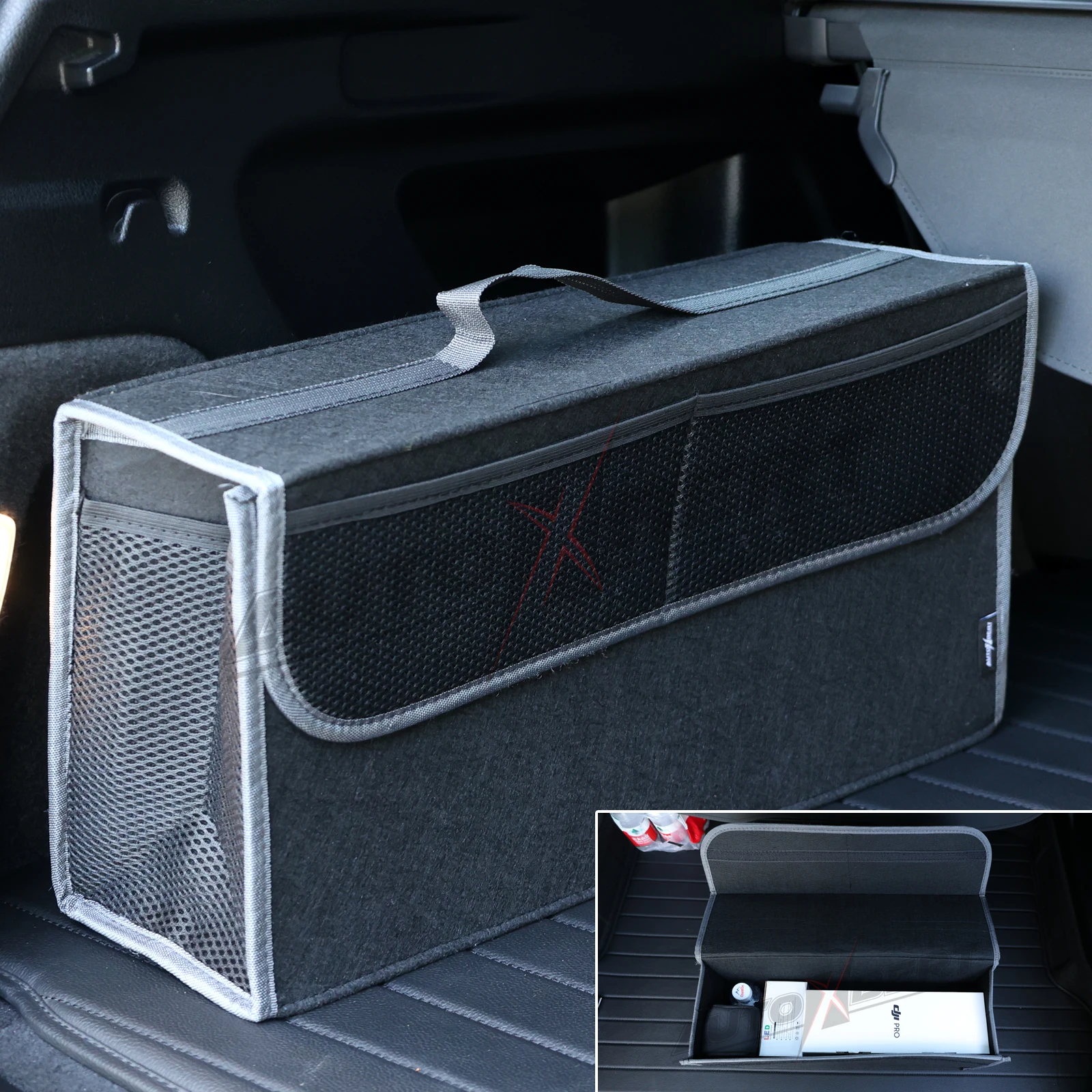 Car Trunk Organizer Felt Boot Organiser Storage Bag Box Portable Handbag Cargo Tool Holder Mesh Net Pocket Collapsible Universal