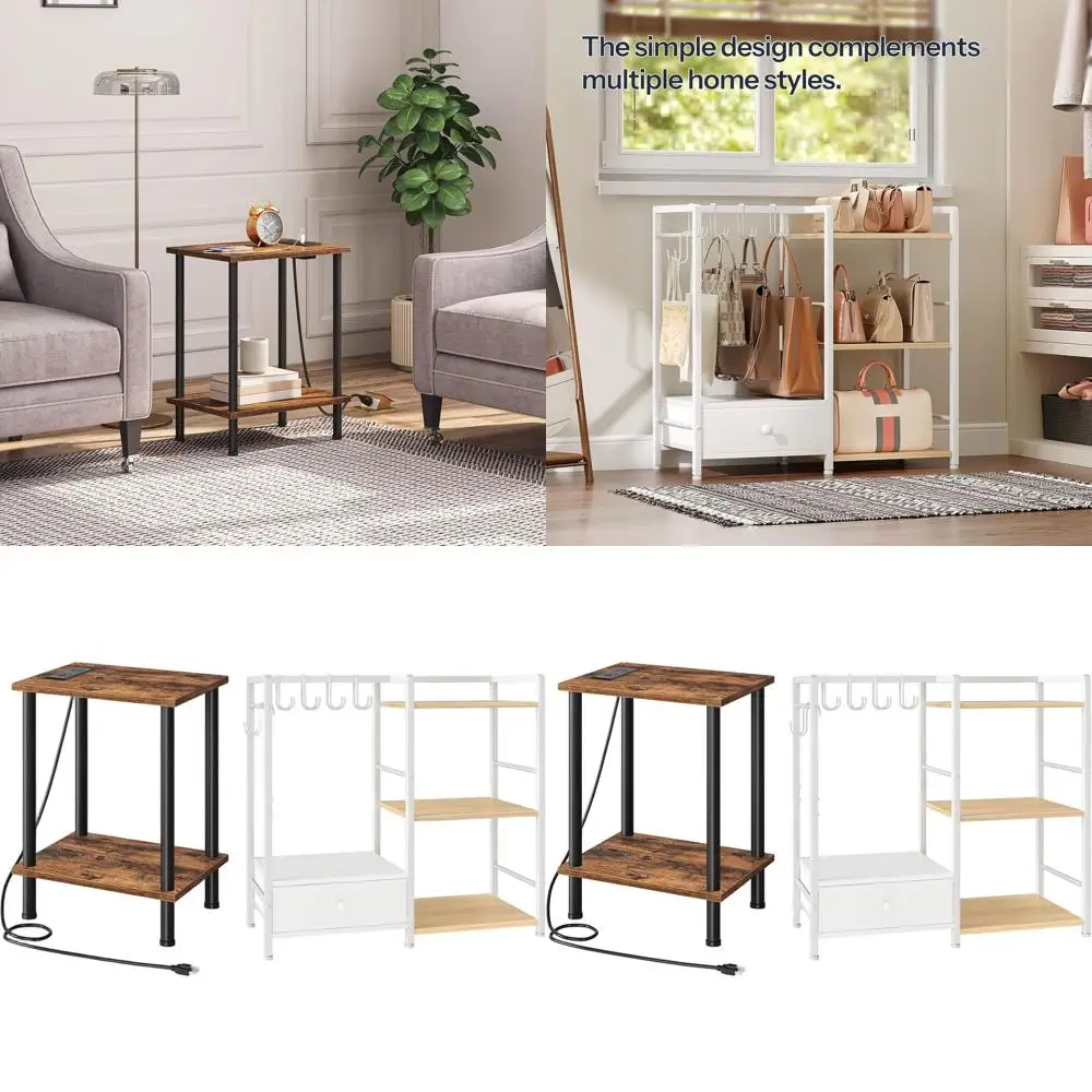 

Многофункциональный приставной столик с зарядной станцией и 3-уровневым органайзером, прикроватная тумбочка с 2-уровневыми полками, комплект с 6 крючками для сумок.