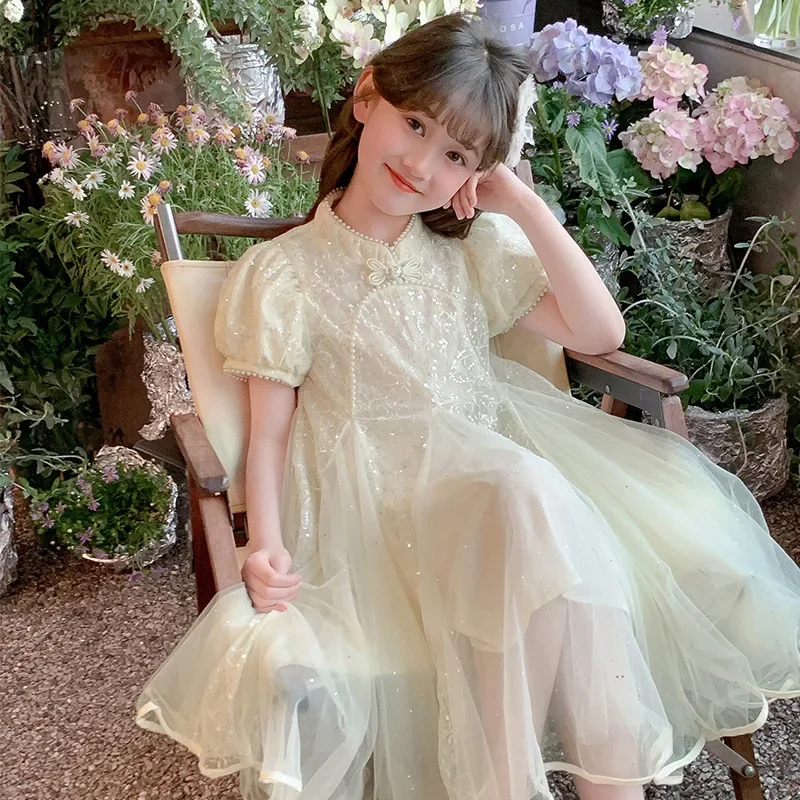 

2025 New Girls Chinese Cheongsam Dress Summer Traditional Princess Gown Elegant Kids Oriental Fashion Outfit