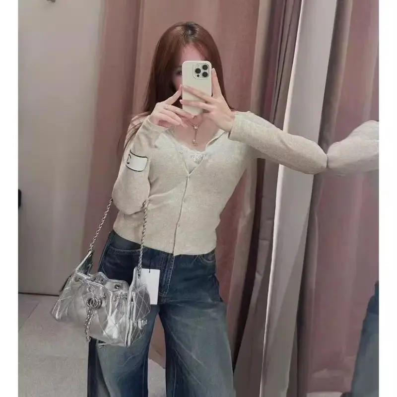 Ladies V Neck Soft Knit Cardigan Light Grey Button Front Long Sleeve Slim Waist Cropped Stretchy Casual Spring Autumn Outerwear