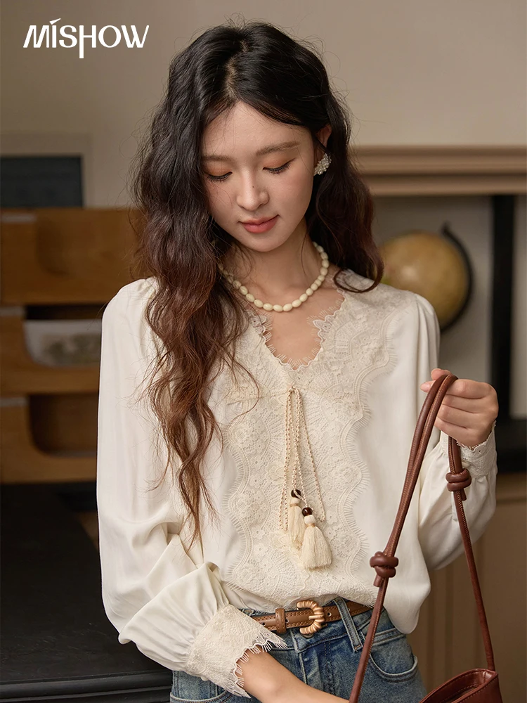 

MISHOW Women's Puff Sleeve Shirts 2025 Autumn Sweet Lace Panel V Neck Long Sleeve Tops Tassel Lace-up Office Shirt MXE43X1989