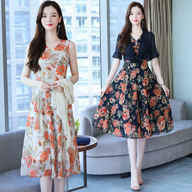 

Sleeveless V-neck High Waist Big Flower Ladies Dress And Chiffon Lotus Leaf Sleeve Shawl Korean Version Slim Fashion Women Dress