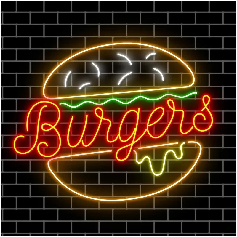 Hamburger Neon Sign Burger Neon Signs  Fast Food Custom Open Shop Neon Led Sign for Restaurant Kitchen Store Wall Decor Logo