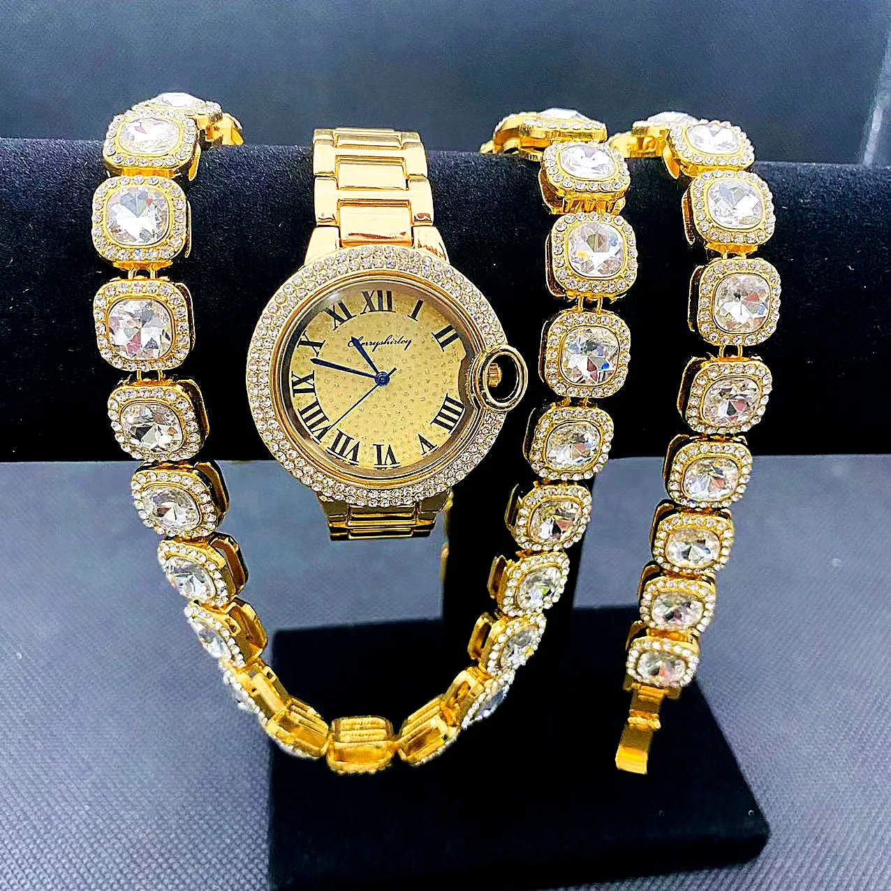 3 pçs relógio de luxo para mulher relógio de ouro tênis corrente pulseira colar gargantilha bling moda jóias para relógios femininos fanshion