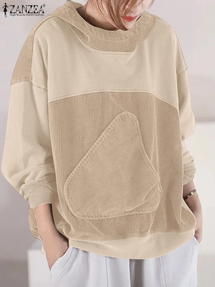 ZANZEA Hooded Long Sleeve Sweatshirts 2024 Fall Patchwork Corduroy Irregular Pocket Color Block Hoodies Loose Causal Women Tops