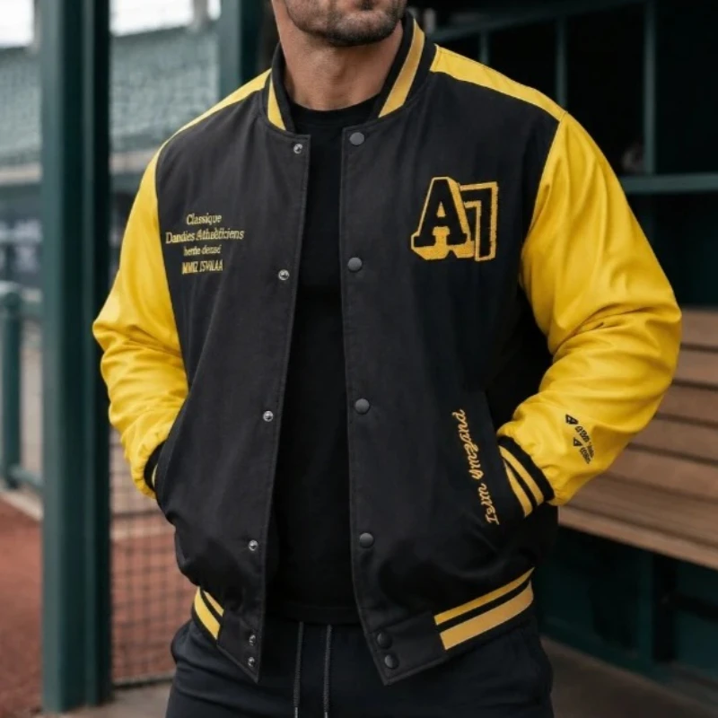 Yellow Color Block Baseball Jerseys Jacket Men American Retro Stand Collar Patchwork Outerwear Men's Jackets Autumn Uniform Coat