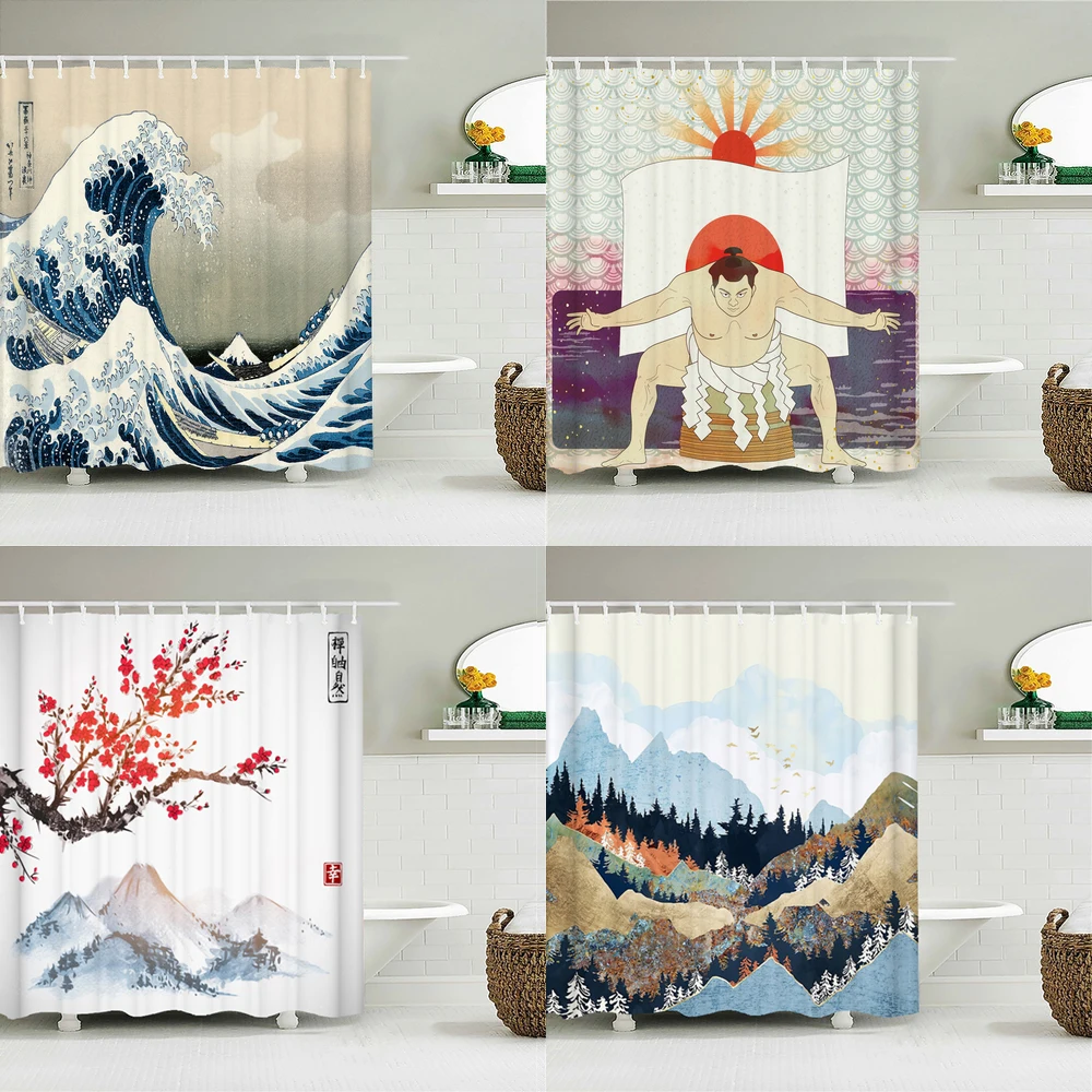 Waterproof Polyester Fabric Shower Curtain Japanese-style Waves Samurai landscape 3d Printing Bathroom Decor Shower Curtains