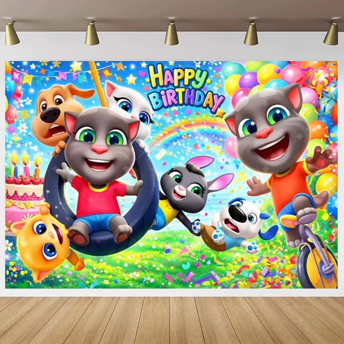 Talking Toms Friends Happy Birthday Hintergrund Cartoon Katze Hund Regenbogen Foto-Banner Kindergeburtstag Party Deko Fotorequisiten – Detail 9