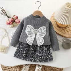 Girls 2pcs Sweater Sets Beads Lace Bows Pullover Grey Knits Shirt+Elastic Waist A-Line Shiny Sequins Half Skirt 1-6y Child Suits