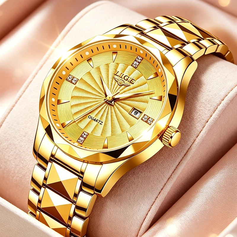 LIGE Waterproof Ladies Watches Fashion Creative Gold Diamond Watch for Women Quartz Wristwatch Date Female Clock Montre Femme