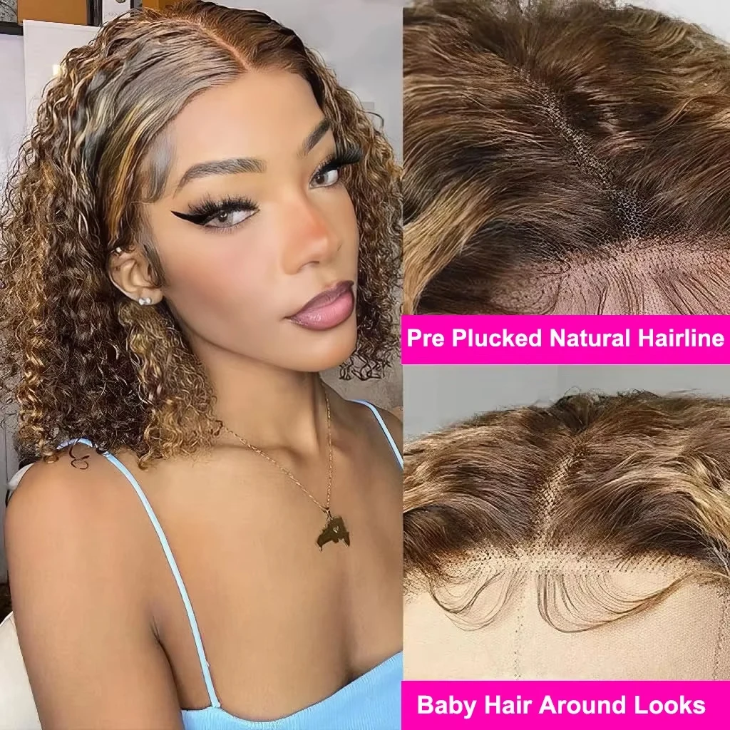 200% Density Deep Culry Highlight 4/27 Color 100% Human Hair 16Inch Bob Wigs 13x4 HD Lace Frontal Bob Human Hair Wig Remy Bob Wig For Women