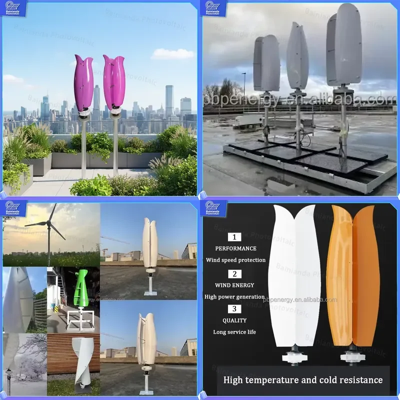 500W 1KW 2KW 3KW Vertical Axis Wind Turbine Generator Off Grid Solar Hybrid System Low Noise Tulip Design Home Roof Garden