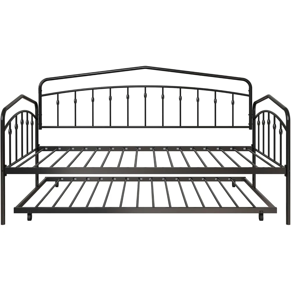 

Daybed with Trundle Bed Twin, Heavy Duty Steel Slat Support Twin Bed with Pull Out Trundle Bed, 4 Casters for Living