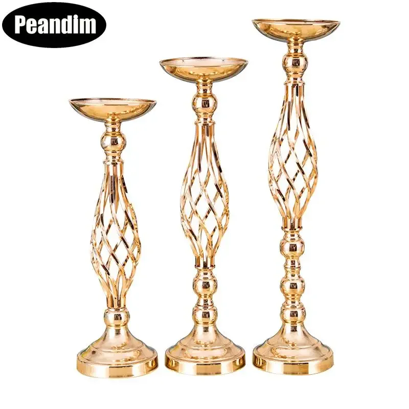 PEANDIM Gold Flowers Vases Holder Pillar Candlestick For Wedding Table Centerpieces Decor Hollow Style Candle Holders For Home