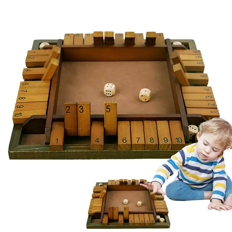 Wooden Dice Board Game set Shut The Box for 4 Players Flaps & Dices Game Parent-children Interaction Family Entertainment