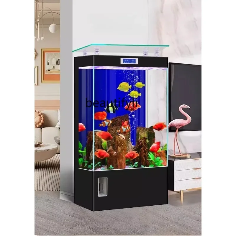 cqyUltra-white glass square fish tank, small living room against the wall, floor-to-ceiling back filtration, ecological water-fr