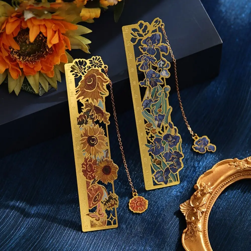 Regla de pintura Floral de aleación, borlas, pintura famosa, marcapáginas hueco, estilo de pintura al óleo, papelería, marcapáginas de Metal