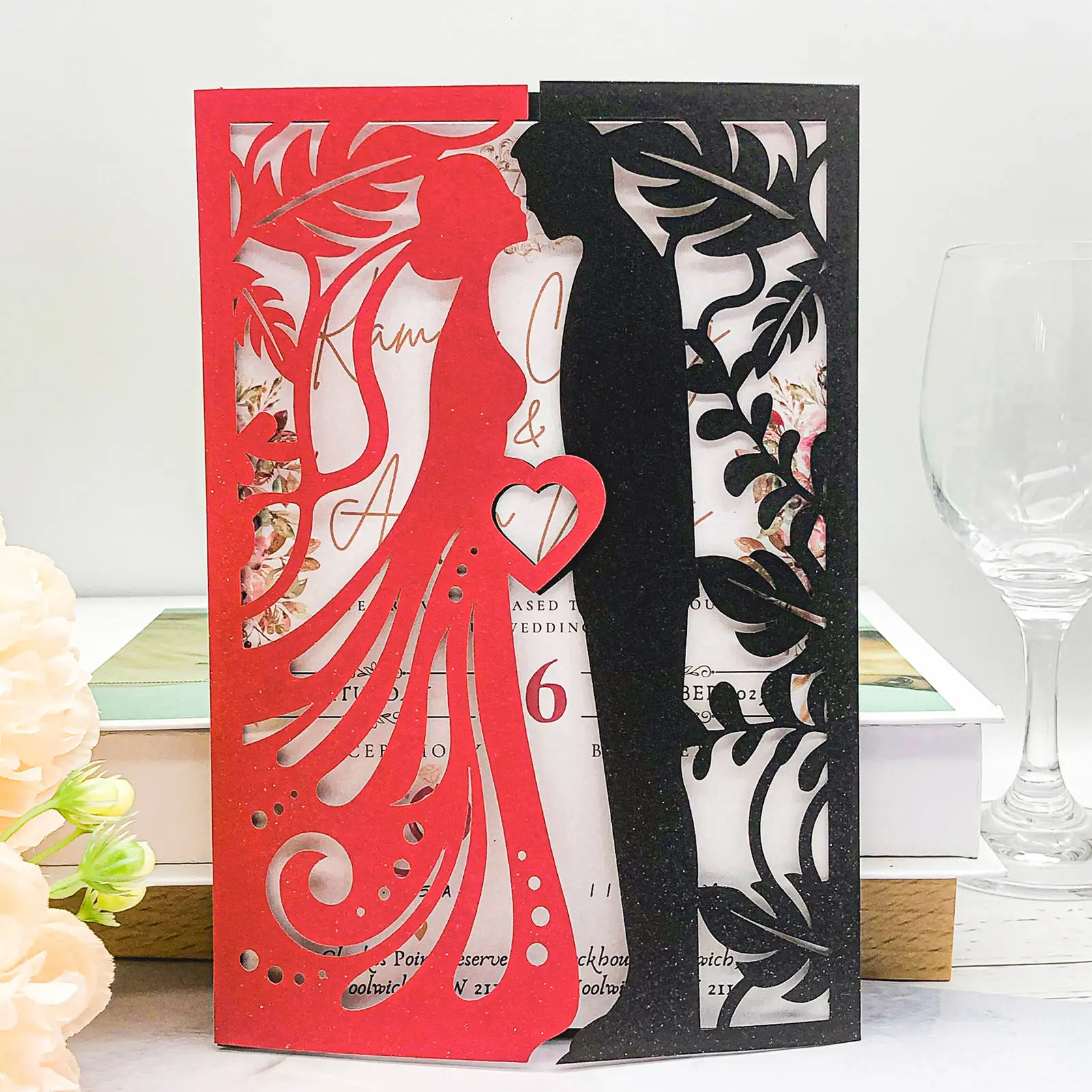 50pcs Red and Black wedding invitation cards marriage Navy Blue White Bride and Groom Couple laser cut invites party personalize