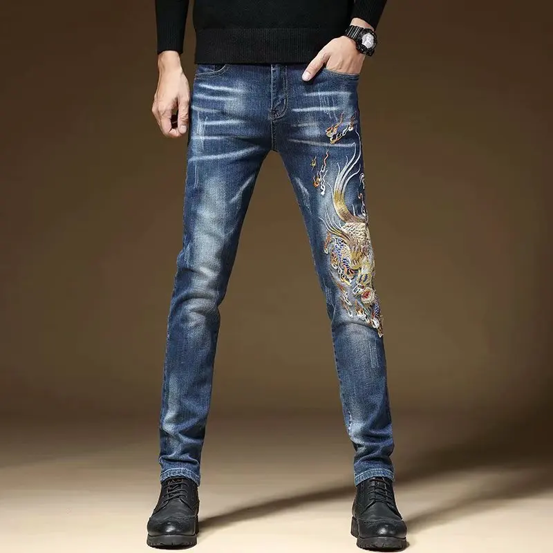 

High-End Ethnic Style Embroidered Jeans Men's Spring Autumn New Trend Elastic Versatile Slim Fit Long Pants Casual Wear