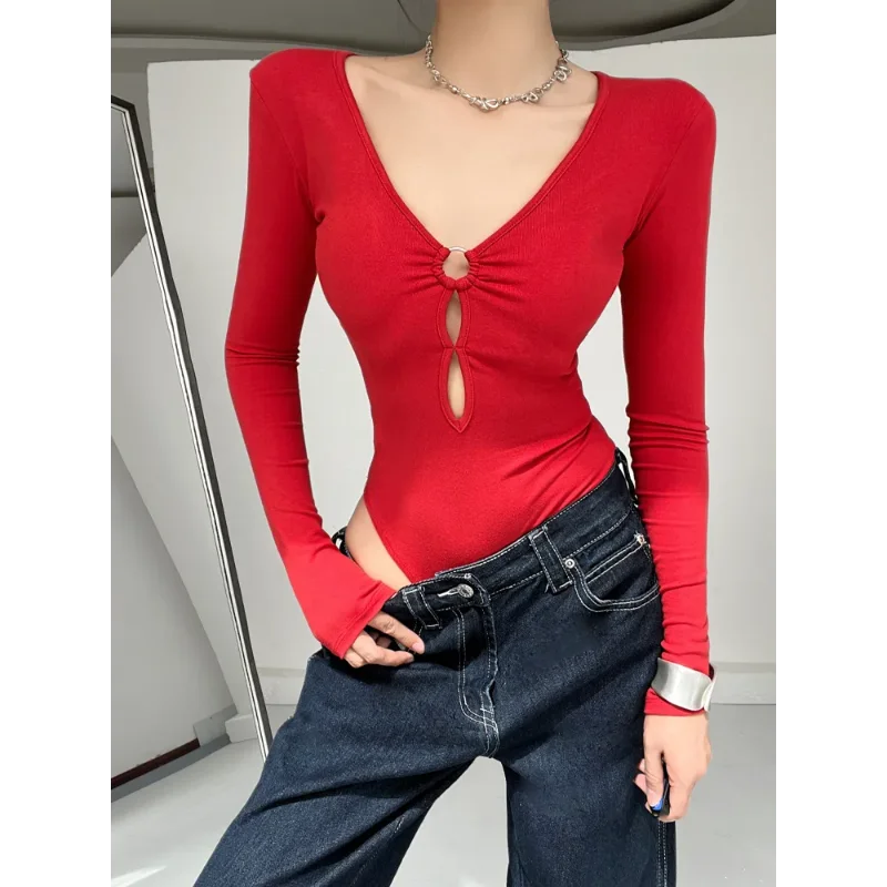 Hot Hot Girl Sexy Hollow Deep V-neck Long-sleeved Bottoming Jumpsuit for Women Red Low-cut Tight T-shirt Top