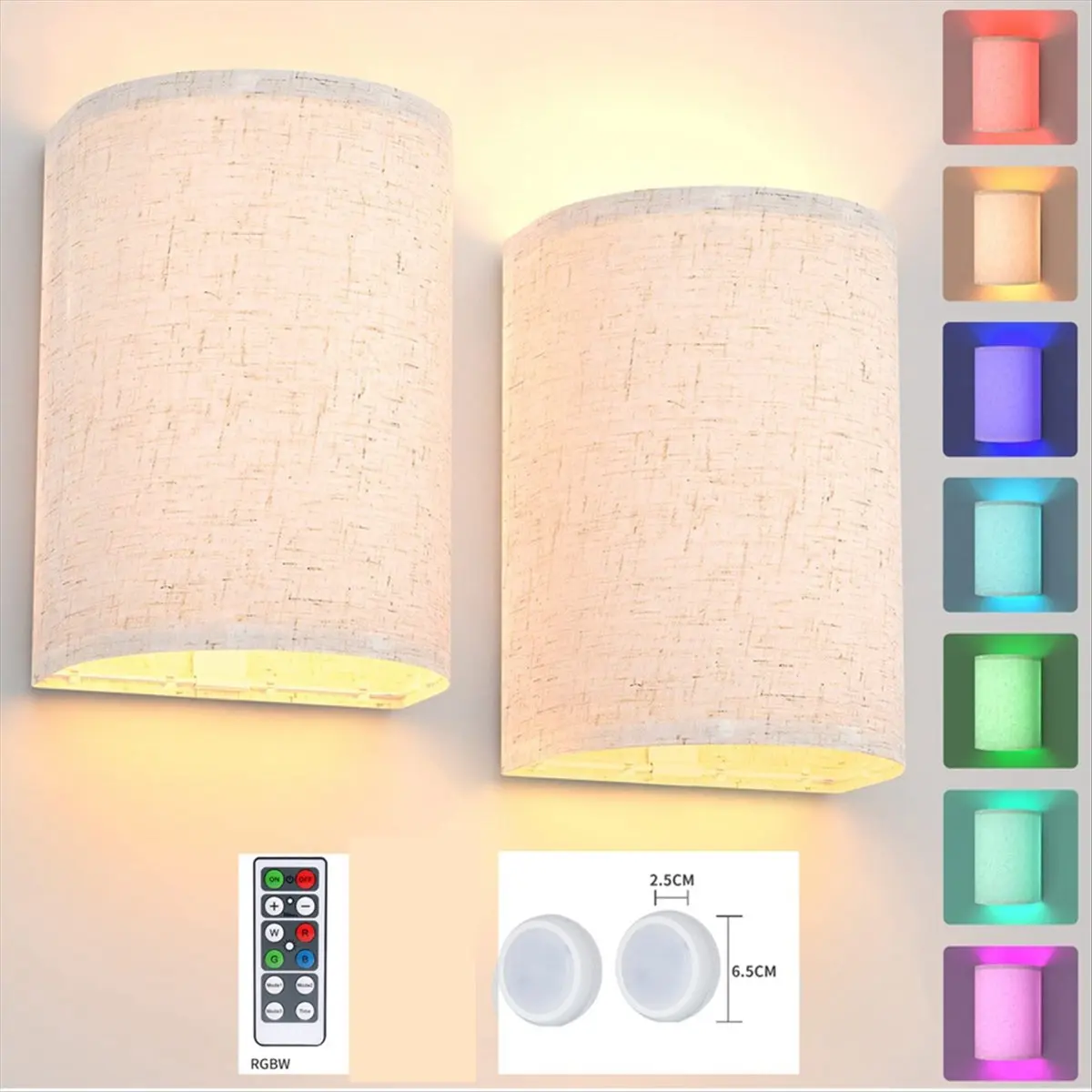 AA19 Rechargeable Wall Sconce Magnetic Wireless Lamp RGB Colors Dimmable with Fabric Linen Shade and Remote, Lighting 2Pcs