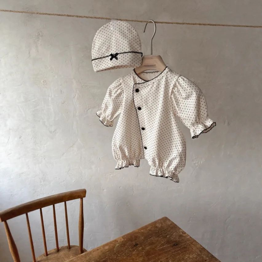 

2025 Spring Autumn New Sweet Korean Baby Jumpsuit Polka Dot Loose Small Fragrant Style Baby Long Sleeve Rompers