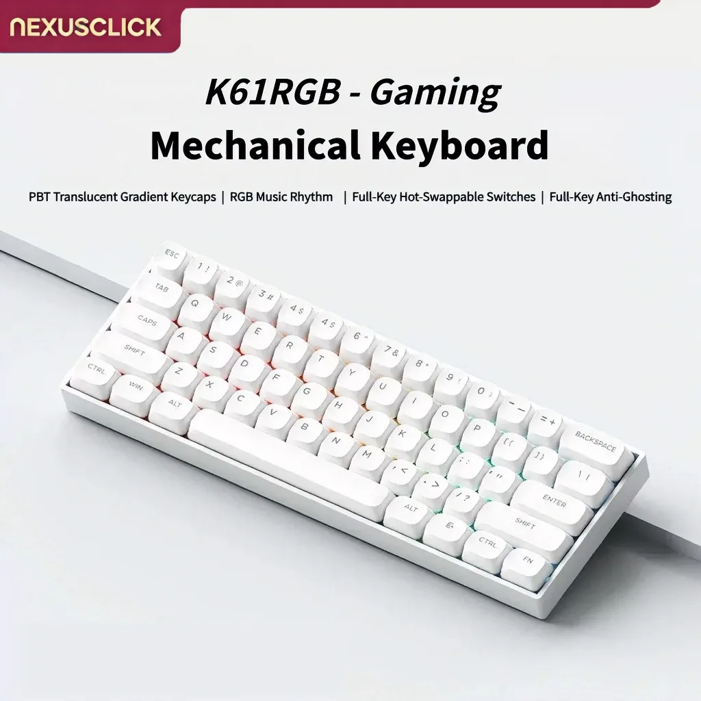 NexusClick 61 Keys Brown Switch Gaming Keyboard,Mechanical Wired for Pro Esports,Hot Swappable RGB Backlit PBT Keycaps for Gamer