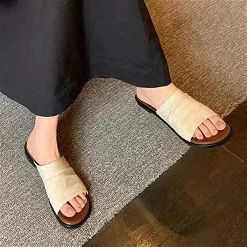 

Aneikeh Summer Women's Linen Slide Sandals Ruched Open Toe Flat Slippers Casual Slip-on Shoes Breathable Beahc Daily Footwear