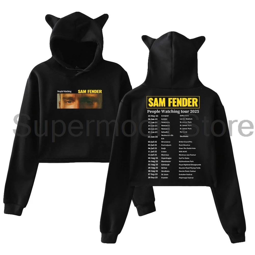 

Sam Fender People Watching Tour 2025 Hoodie Female Cat Ears Hooded Sweatshirt Long Sleeve Crop Top Women's Clothes