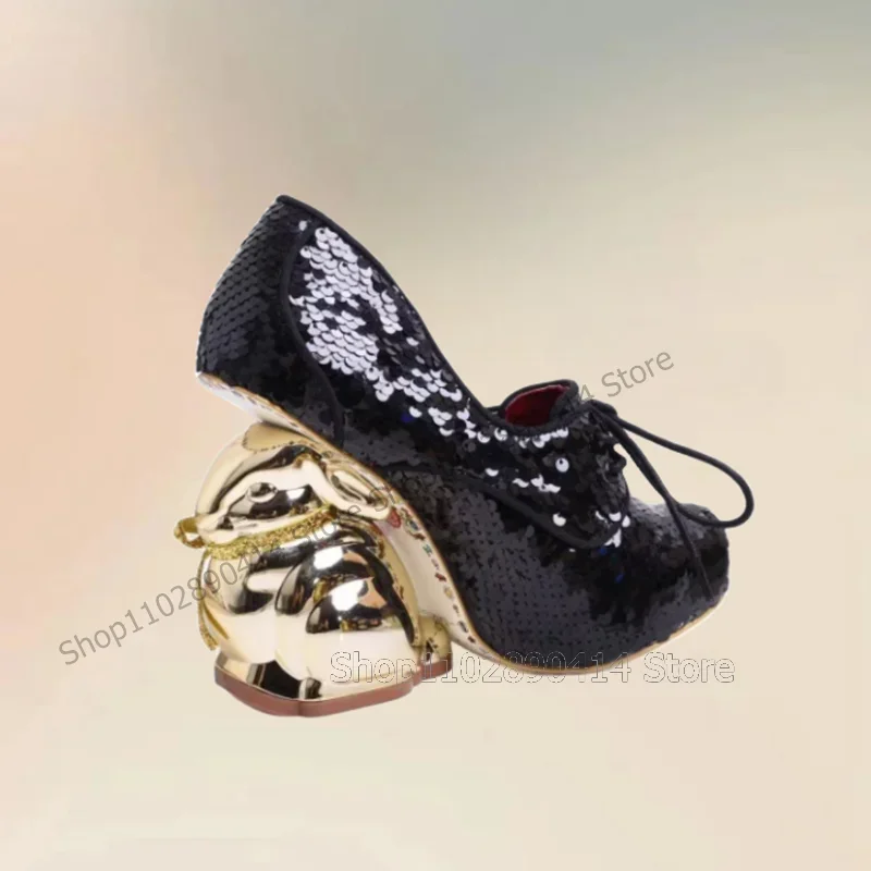 

Fluorescent Green Sequins Gold Rabbit Heel Pumps Lace Up Women Shoes Strange Style Heels Fashion Party 2025 Zapatos Para Mujere